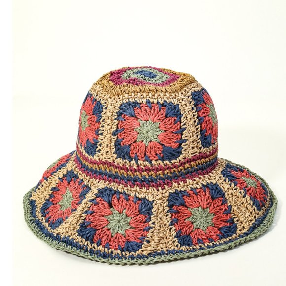 Accessories - Colorful Floral Granny Squares Woven Straw Bucket Hat